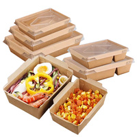 Boîte à lunch en papier kraft jetable, bol en papier rectangulaire, boîte à repas légère, boîte à lunch avec couvercle transparent