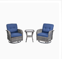 Ensemble de 3 chaises de bistrot modernes en osier résistant aux intempéries, pivotantes à 360 degrés, avec coussins bleus, pour terrasse et jardin