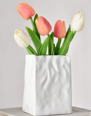 Matte Textured White Vase with 5 Flower Slots
