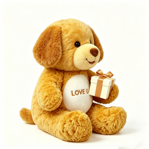 Peluche chien doré à oreilles souples personnalisée avec mini boîte cadeau, cadeau romantique, adorable chiot en peluche moelleux couleur tan. - Product Image 2