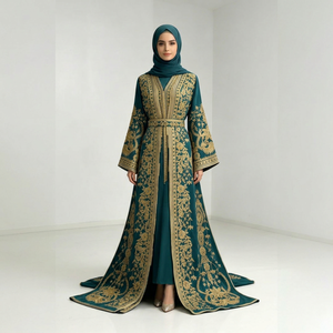 Abaya Larga para Mujer, Cuello en V, Manga Larga, Bordado Floral, Estilo de Oriente Medio, Elegante, Corte Regular, Poliéster Sin Elasticidad - Product Image 1