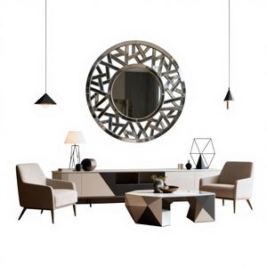 Espejo de Pared Redondo de Plata con Diamantes, Estilo Art Deco de Lujo, Hecho a Mano, con Diseño Geométrico Calado, Decoración del Hogar - Product Image 1