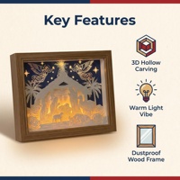 Crèche en papier 3D sculpté, lumière de nuit LED, cadre en bois, cadeau de Noël chrétien