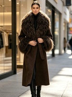 Manteau en cachemire et laine pour femme Janveny 2026, nouvelle collection hiver, avec col et poignets en fourrure de mouton de Mongolie véritable, ceinture, mélange de laine