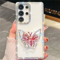 Funda de Lujo IMD con Diamantes para Samsung S26 S25 Ultra Plus S24 S23 A07 A17 A16 A26 A36 A56 A15 A35 A55 5G, con Soporte de Mariposa
