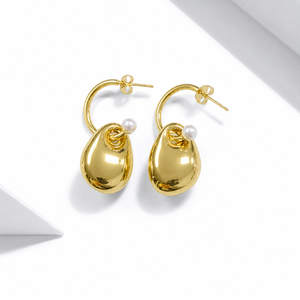 Pendientes de Aro con Perlas Ovaladas, Acero Inoxidable, Chapado al Vacío en Oro de 14K, Perlas de Imitación - Product Image 1