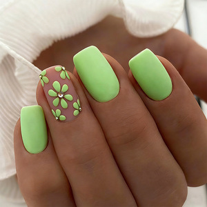Faux ongles carrés mats vert <span class=keywords><strong>lime</strong></span> en acrylique de haute qualité, à coller, souples, longs, avec décorations 3D fleurs et strass, réutilisables, <span class=keywords><strong>24</strong></span> pièces/ensemble - Product Image 1