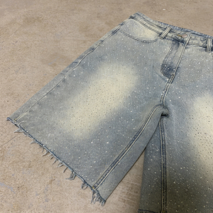 OEM ODM Denim Shorts Double Vintage Distressed Blank Cargo Loose Baggy Denim Jeans Shorts Acid Washed Faded Rhinestone Jorts - Product Image 4