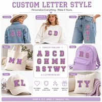 Parches bordados de chenilla con letras del alfabeto de la A a la Z, estilo universitario, color lavanda y dorado con purpurina, termoadhesivos y para coser, al por mayor