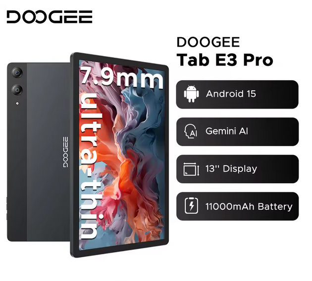 DOOGEE Tab E3 Pro Tablet Gemini AI 13'' Screen Android 15 8GB 256GB 7.9mm Ultra-thin 11000mAh Battery Smart Pad