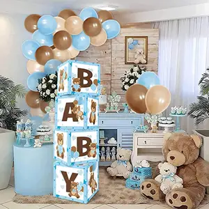 Scatole per Baby Shower Bear per decorazioni scatole per feste a tema orso Block fondale bomboniere con palloncini marrone blu per forniture per feste