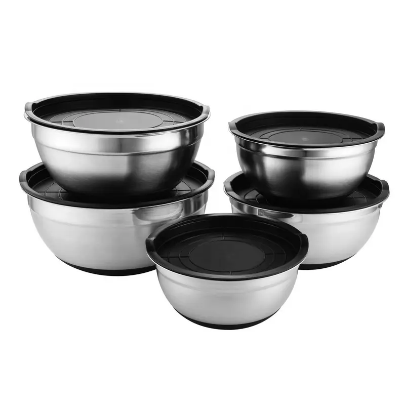Sus201 Set Of 5 Salad 24&64Oz Plastic Base 3 Tier Baking Pet With Black Lid Non-Magnetic Stainless Steel Mixing Bowl