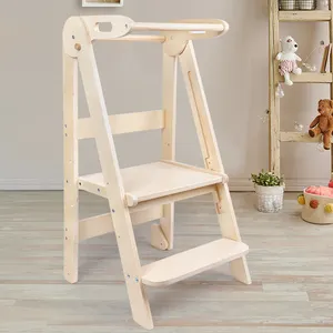 Custom Baby Chair Ajustável Folding Kitchen torre Helper Step Stool Wooden Montessori Kid Learning Tower Para Toddler