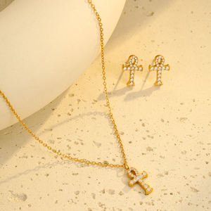 Ouro Aço Inoxidável Cruz Colar Brincos Set <span class=keywords><strong>Ankh</strong></span> Quartz Cruz Pingente Religioso <span class=keywords><strong>Ankh</strong></span> Colar Jóias Mulheres - Product Image 1