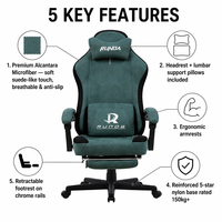 Chaise de gaming ergonomique de direction en suède avec pivotement à 360°, inclinaison et vérin à gaz à 3 positions, inclinable, OEM