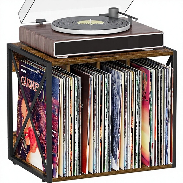 Wood Rustic Standing Type Vinyl Record Holder 80-100 Albums 4-Compartment Record Player Stand for Living Room