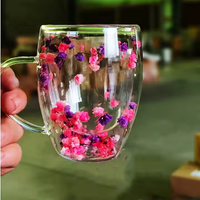 Gobelet en verre à double paroi transparent d'usine, 250 à 350 ml, qualité supérieure, pour fleurs séchées, cadeau, lait, café, eau, avec poignée