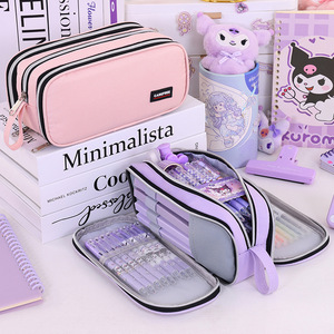 Estuche para lápices multifuncional con cremallera Oxford, ligero, duradero y ecológico, 3 compartimentos, gran capacidad, diseño sencillo para niños - Product Image 3