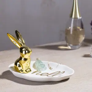 नॉर्डिक शैली गर्म बिक्री सिरेमिक खरगोश दिल के आकार की अंगूठी भंडारण धारक