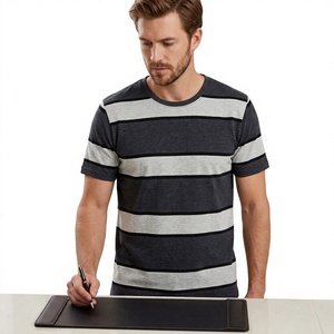 Camiseta de punto de manga corta con cuello redondo a rayas para hombre, corte regular, estilo casual, gris y azul marino, OEM - Product Image 1