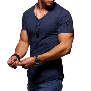 नई डिजाइन बड़े आकार 65% पॉलिएस्टर पुरुषों की लघु आस्तीन वी गर्दन कॉलर टी शर्ट पुरुषों ठोस रंग स्लिम टी शर्ट