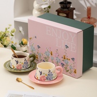 Service à café et à thé en porcelaine fine avec motif de papillon, style peinture à l'huile rétro, durable et portable, boîte cadeau