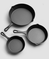 Wajan Penggorengan Telur Peralatan Masak Rumahan Chef Pan Anti Lengket Besi Cor Pra-Bumbu 3 Buah Ukuran 6/8/10 Inci Minimalis