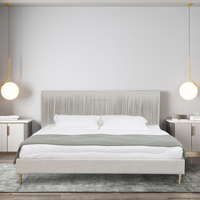 Lit plateforme Queen moderne de luxe de haute qualité, cadre de lit en tissu velours capitonné, tête de lit plissée, lit rembourré