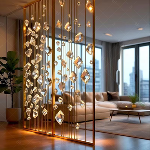 Cloison de séparation en verre cristal avec cadre en acier inoxydable doré moderne sur mesure pour salon et hall d'entrée - Product Image 2