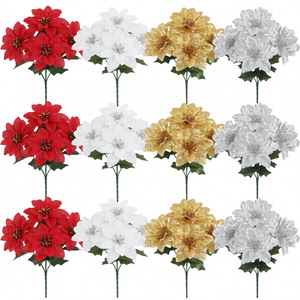Ramo de Flores Artificiales de Poinsettia, Flores de Seda Rojas, Blancas, Doradas y Plateadas, Decoración Navideña para el Hogar, Accesorios para Bodas - Product Image 1