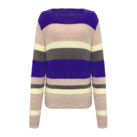 Damen-Pullover mit Rundhalsausschnitt, Mehrfarbige Streifen, Flauschiger Strick, Langarm, Locker Geschnitten, Weicher Kunstpelz-Garn, Herbst-Casual-Pullover