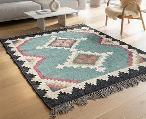 Boho Turquoise Wool Jute <b>Rug</b> Tribal Geometric Handmade Area Carpet for <b>Rustic</b> Farmhouse Bedroom Living Room Home Floor Decor - Product Image 1