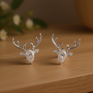 Pendientes de botón con cabeza de ciervo en oro blanco E3348, con cristal de corte pera y engaste de garra de diamantes de imitación, joyería de moda unisex - Product Image 2