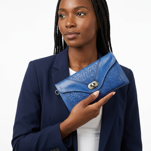 Blue Genuine Leather Long Anti-theft <b>Wallet</b> Women's Handmade Embossed Vintage <b>Metal</b> Buckle Clutch Daily Use - Product Image 4