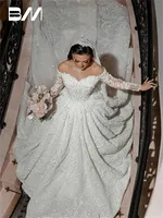 Robe de bal brodée de luxe robe de mariée manches longues hors de l'épaule femmes mariée sur mesure robe de mariée exquise