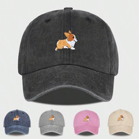 Casquette de baseball ajustable en coton lavé non structuré à 6 panneaux avec visière incurvée et broderie chien Corgi, vente en gros