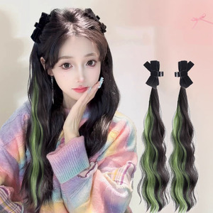 2 Pièces Extensions de Cheveux Double Queue de Cheval à Clipser Style Nœud, <span class=keywords><strong>Postiche</strong></span> Ondulé Ombré Rose pour Cosplay et Accessoires Capillaires Streetwear - Product Image 2