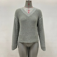 Camilla – Pull tricoté pour femme en fil à ruban, col en V, personnalisable OEM, couleur unie, manches longues