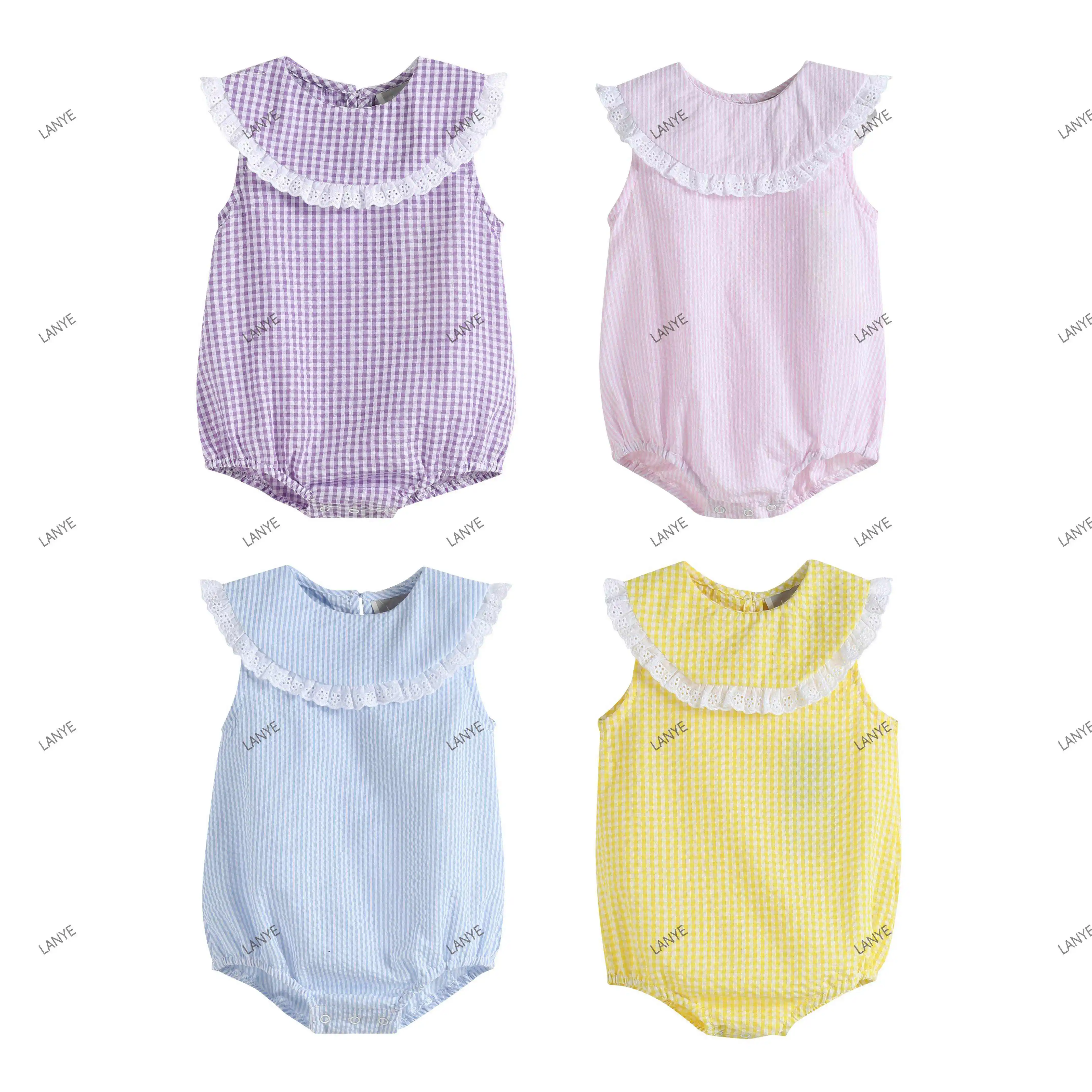 Özelleştirilmiş nakış sıcak satış bebek giysileri gofre dantel şerit kardeşler pijama kabarcık romper