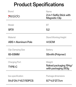 Yesido BT điều khiển từ xa 41.5cm có thể tháo rời đứng gia cố Tripod được xây dựng trong móc 2-trong-1 <span class=keywords><strong>Selfie</strong></span> Stick với Magnetic Clip sf31 - Product Image 5