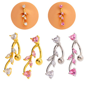 Joyería de moda para piercing de ombligo flotante, anillo de ombligo invertido chapado en oro, nueva rama de corazón de cristal rosa, hermosa y delicada barra para ombligo - Product Image 1