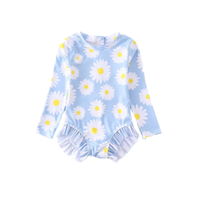 OEM ODM Fashion Cute Schöne lange Ärmel Rüschen einteilige Mädchen Kinder Badeanzug Kinder Blue Daisy Swim Rash Guard