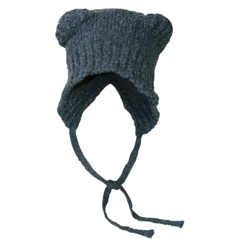 ビーニー帽子クマ耳ウールニット帽女性冬ぬいぐるみかわいい耳保護暖かい大きな頭囲ネクタイ