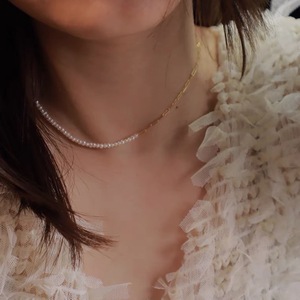 Collier pour femme, moitié perles, moitié chaîne, style froid et neutre, fermoir en or, os, mini perle d'eau douce naturelle, chaîne de perles - Product Image 4