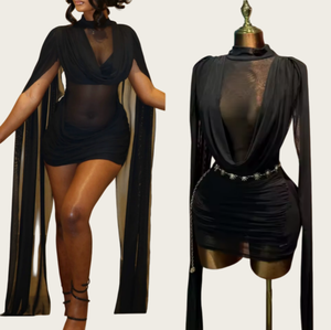 Viviblook Z0122DS02 Nouvelles robes pour femmes Col haut Double couche Maille transparente Ruban Robe de soirée - Product Image 1