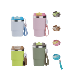 Taza de café de pajitas dobles de 12 Oz/16oz con borde cruzado con taza de coche aislada de acero inoxidable 304 botella de viaje al vacío de cuerda portátil - Product Image 4