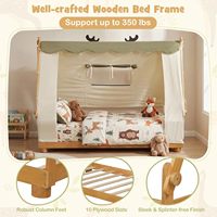Cama individual de diseño rústico con tela de terciopelo holandés, cama de suelo de madera para niños con forma de casa, con ventana, valla y barandillas de seguridad