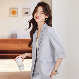 Women's Grey Summer Thin Suit Jacket Petite Style 2025 New High End Professional Work Suit Set Breathable Polyester Fabric - Product Image 2