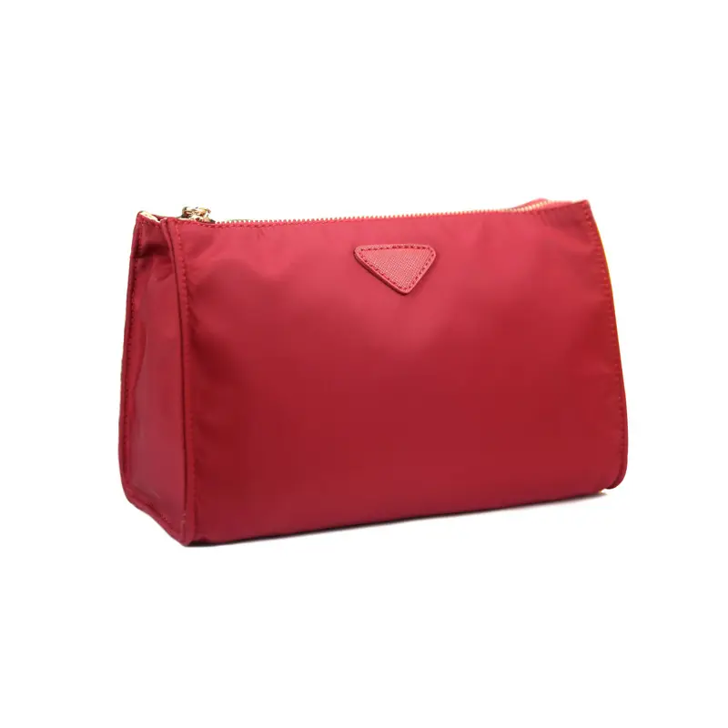 Bolsa de cosméticos de maquiagem vermelha personalizada, bolsa dobrável de nylon com logotipo para mulheres, bolsa para cosméticos
