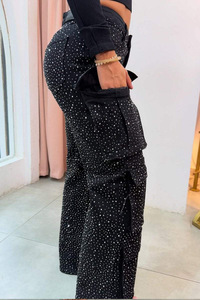 Pantalons en jean décontractés pour femmes, style streetwear, avec poches ornées de diamants, tendance - Product Image 5